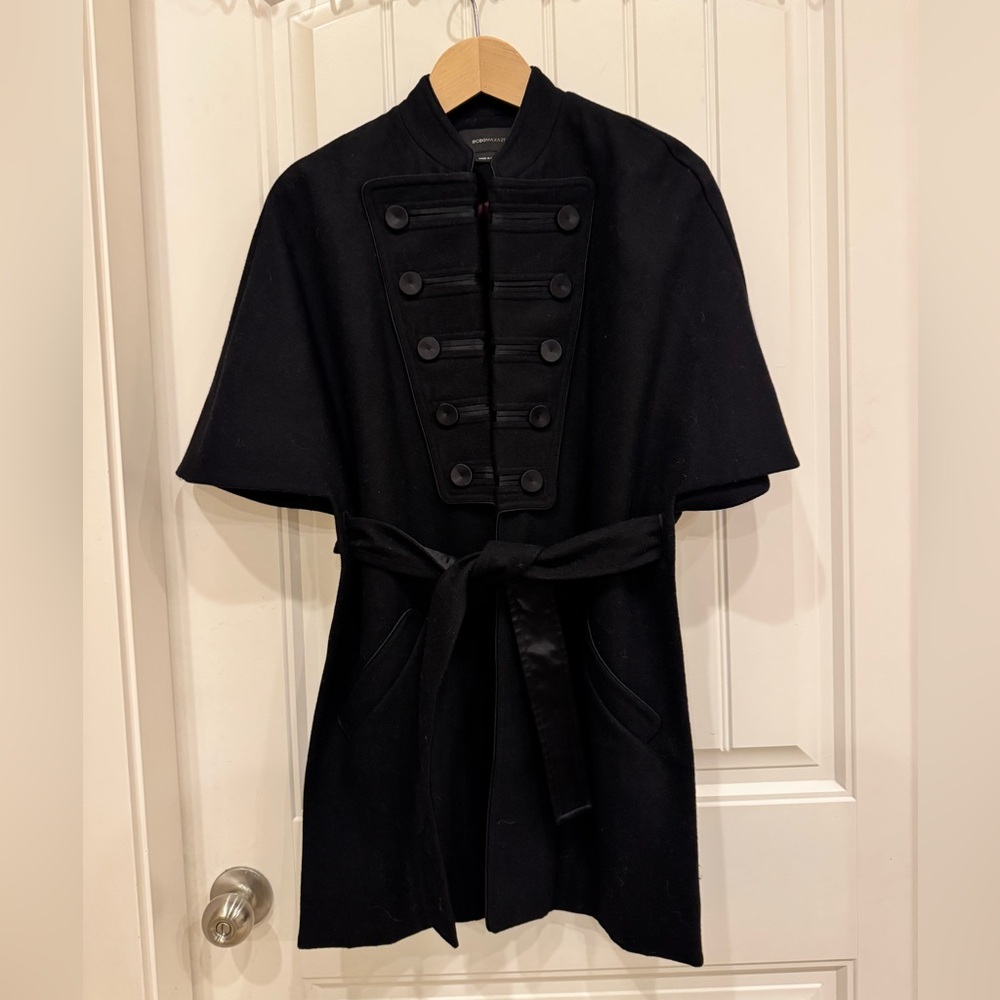 BCBGMaxAzria Black Wool Blend Military Cape Style Jacket w Long Front. Size XS